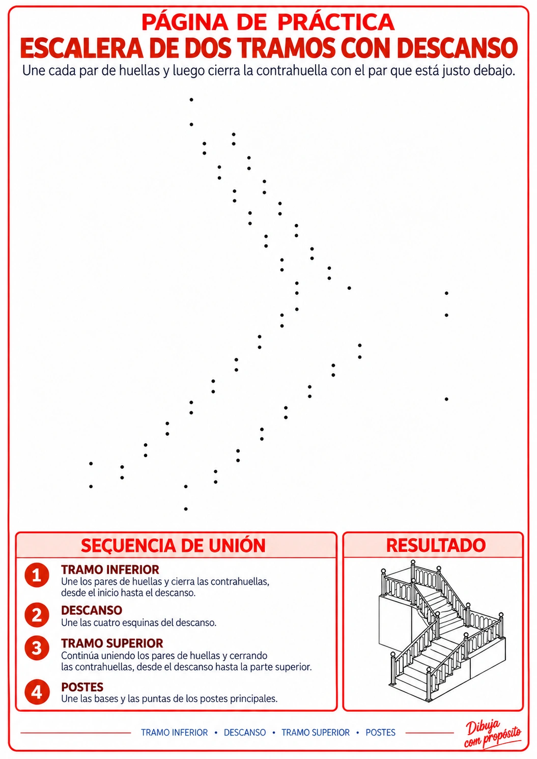 Lámina de práctica de la escalera con descanso