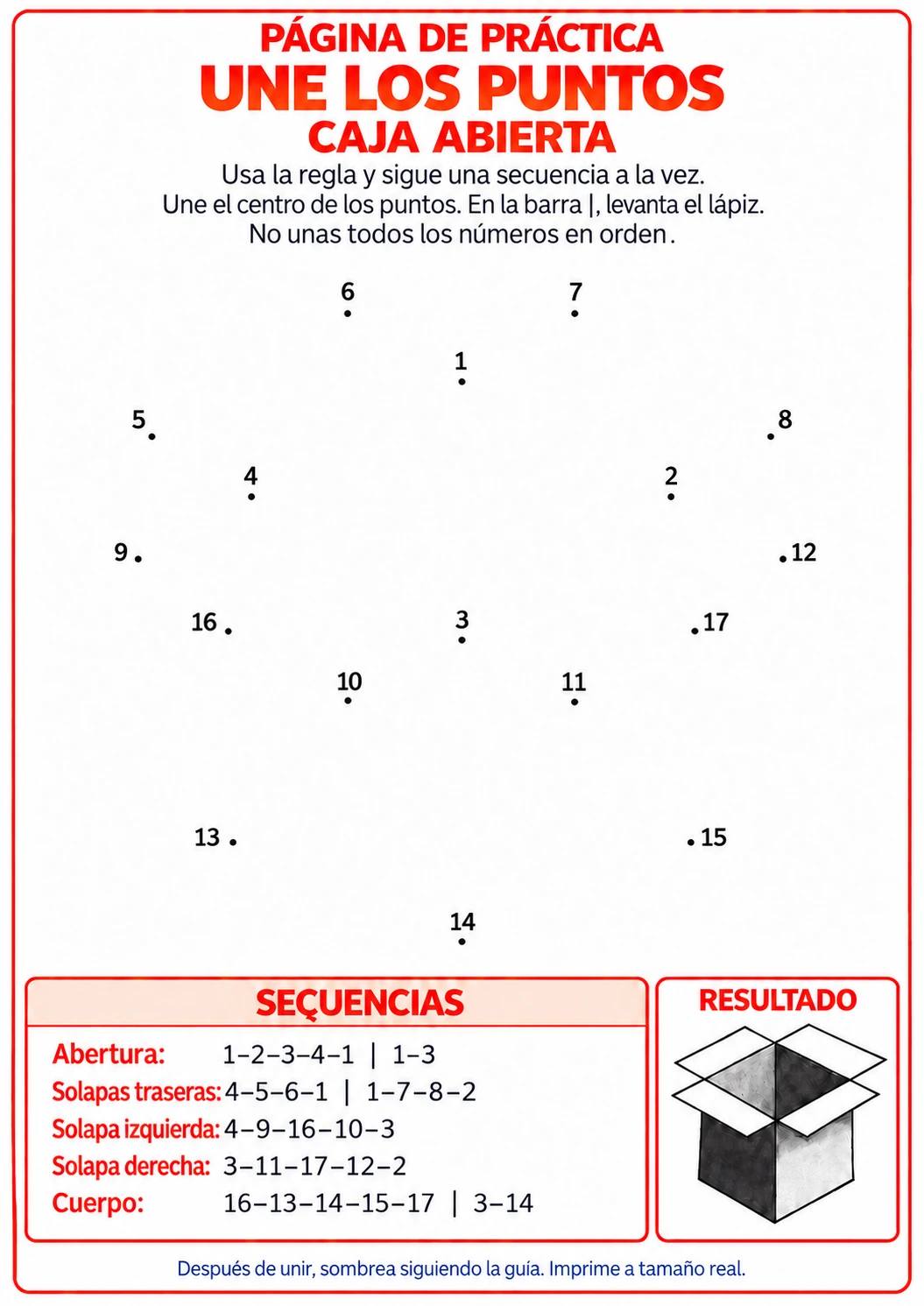 Lámina de práctica con puntos de apoyo para dibujar una caja abierta